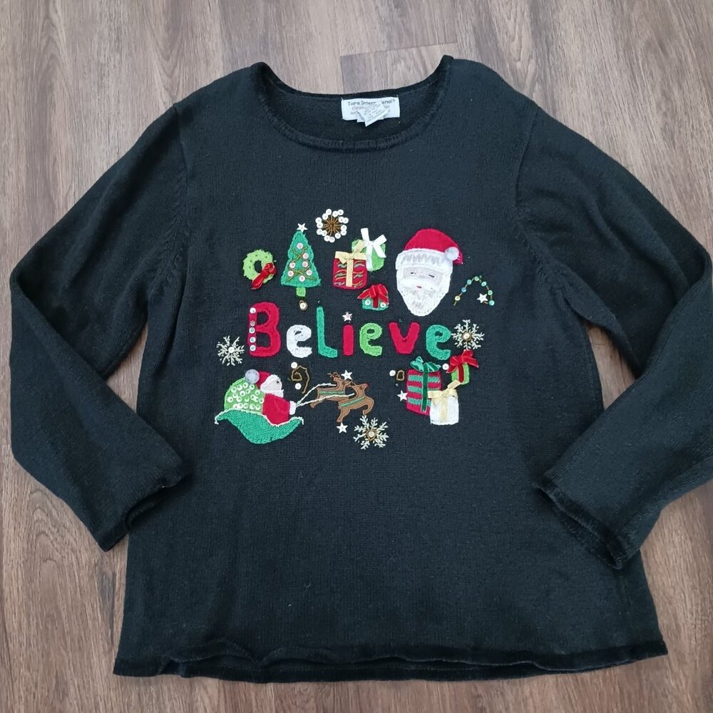 Tiara International Embellished Christmas Sweater "Believe" Black Size 2X